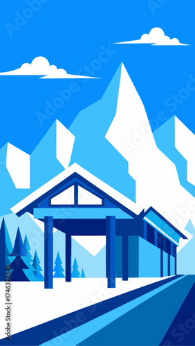 Cabin in snowy mountains with trees and cloudy sky