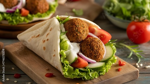 Delicious falafel wrap with fresh vegetables and sauce