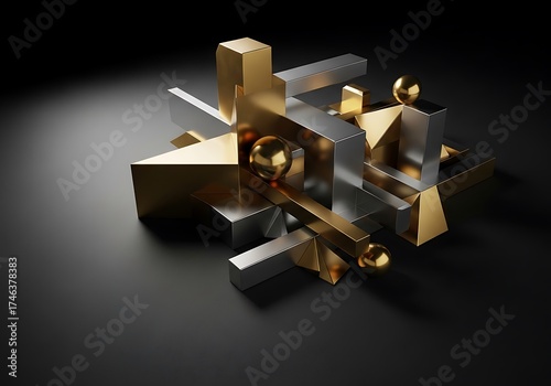 Geometric abstract composition, metallic objects on dark gradient surface
