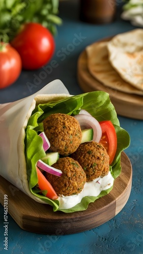 Delicious falafel wrap with fresh vegetables and sauce