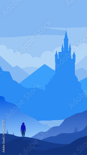 Silhouette man and castle in blue mountain landscape