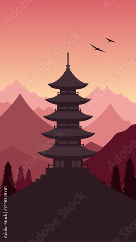 Pagoda silhouette with mountains and birds at dusk