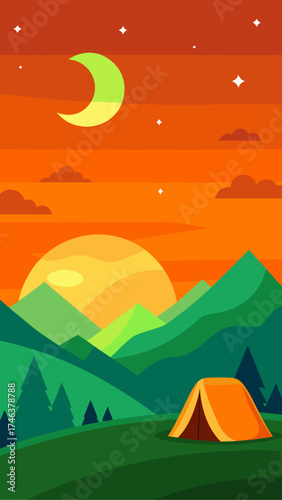 Illustration of a camping scene with tent and nature
