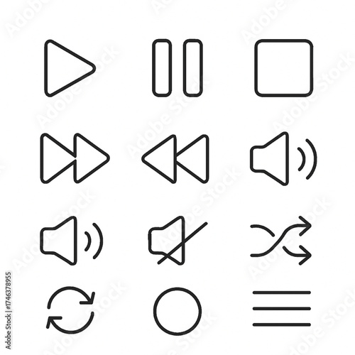 Set of 12 media player line icons in outline style: play, pause, stop, forward, rewind, volume up, volume down, mute, shuffle, repeat, record, playlist. Perfect for apps and UI/UX.