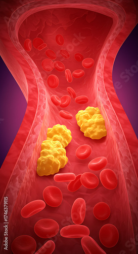 Cholesterol Buildup in Artery with Red Blood Cells – Atherosclerosis, Heart Disease Concept red blood cells flowing through vein, Medical illustration of atherosclerosis showing cholesterol , high res