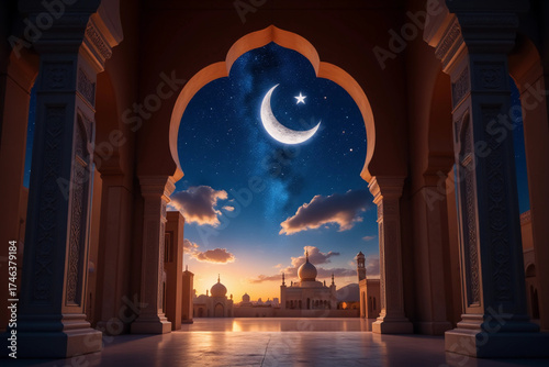 view through the mosque arches into the magic ramadan sky with crescent moon and star, festive islamic holiday celebration concept with copy space.