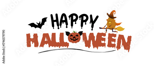 Happy Halloween Greetings with Happy Halloween Text and Vector Illustration of bat, evil pumpkin, witch pumpkin.