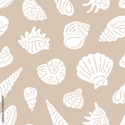 Seashell collection seamless pattern design for fabric or wallpaper. Stylish vector hand-drawn shells on the sand background. Beach repeat print design.