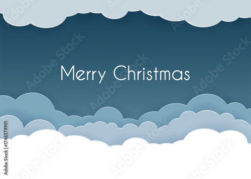 Christmas card with clouds in the night sky in a cut-out paper style. Card design. Winter seasonal holidays