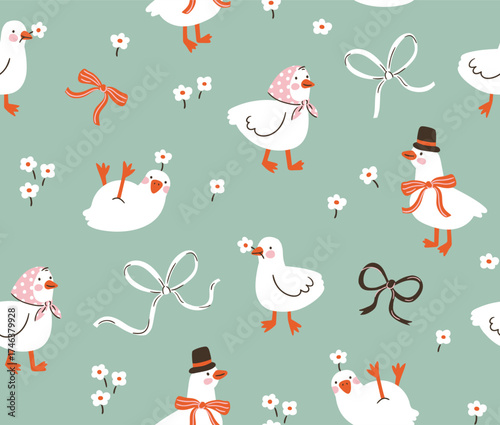 Vector coquette goose seamless pattern. White birds and flowers on mint green background. Funny childish animal seamless print design for kids fabric or nurseary wallpaper. Preppy seamless texture.