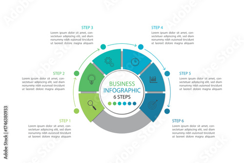 Editable business infographic template design with 6 steps. Infographic template which can be used for presentations banners, workflow layout, annual report, web design.	