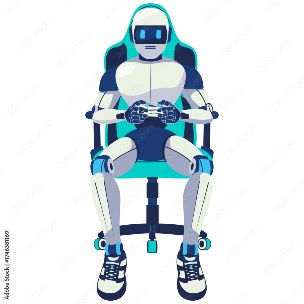 Fototapeta premium Futuristic humanoid robot sitting on a gaming chair and playing video games with a game controller. Modern AI cyborg gamer concept, technology, virtual reality, and esports illustration in flat vector