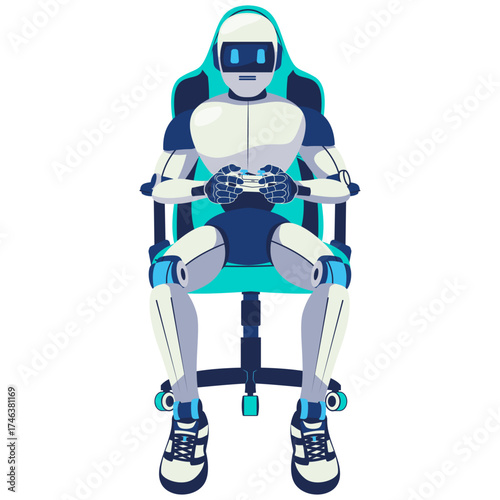 Futuristic humanoid robot sitting on a gaming chair and playing video games with a game controller. Modern AI cyborg gamer concept, technology, virtual reality, and esports illustration in flat vector