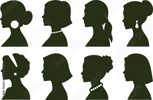 Six female profile silhouettes with diverse hairstyles such as ponytail, bun, afro, braids and floral accessory; minimalist vector illustration symbolizing hair fashion, beauty and diversity.