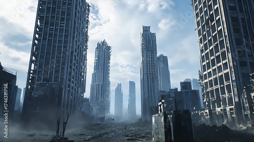 Ruined cityscape view of damaged high rise buildings