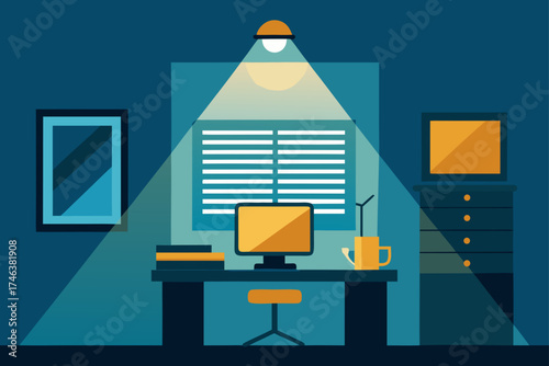 cozy home office with sunlight through blinds illustration