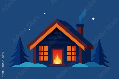 cozy winter cabin interior with fire glow illustration