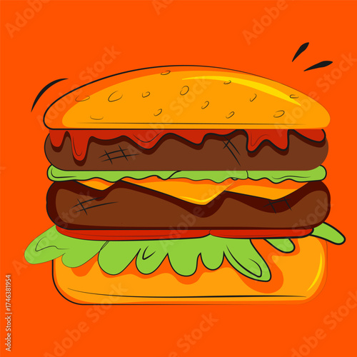 Hand-drawn large burger with srom patty and tomatoes. Fast food, delicious food, wallpaper, screensaver, cover, advertising, icon.
