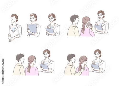 女性看護師から説明を受ける若い夫婦のイラストセット
