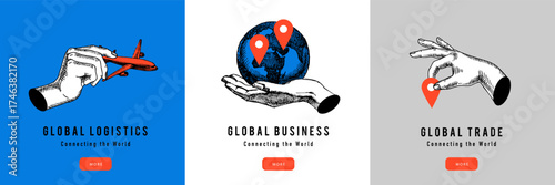 Trendy collage concept of growing business worldwide, international connection, global trade, logistics. Retro sketch hand drawn vector illustration.