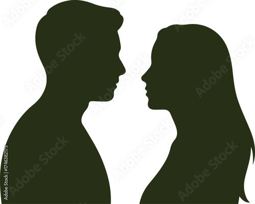 romantic couple silhouette illustration showing man and woman face to face, side profile of young lovers looking at each other, love relationship concept, isolated vector design on white background