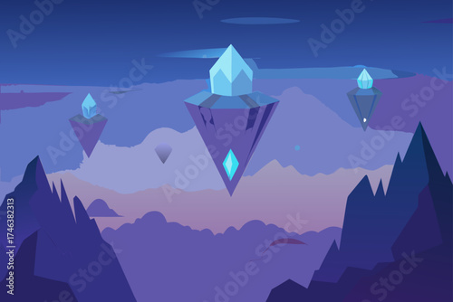 floating crystal islands over glowing mist valley illustration