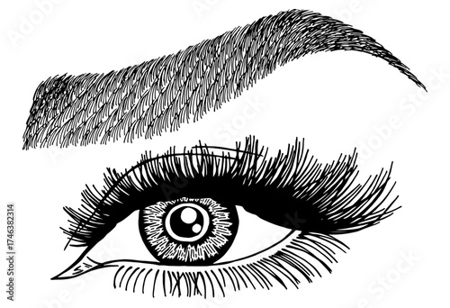 Illustration with woman's eye, eyelashes and eyebrow. Makeup Look. Tattoo design. Logo for brow bar or lash salon.