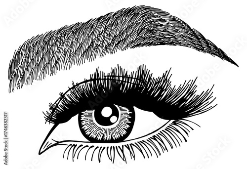 Illustration with woman's eye, eyelashes and eyebrow. Makeup Look. Tattoo design. Logo for brow bar or lash salon.