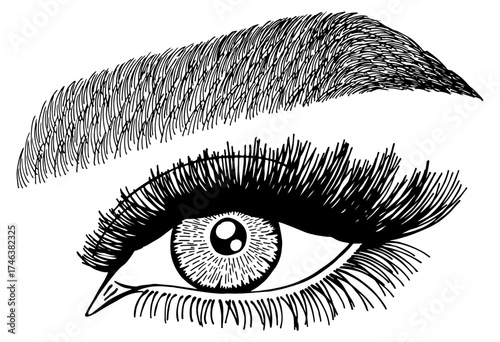 Illustration with woman's eye, eyelashes and eyebrow. Makeup Look. Tattoo design. Logo for brow bar or lash salon.