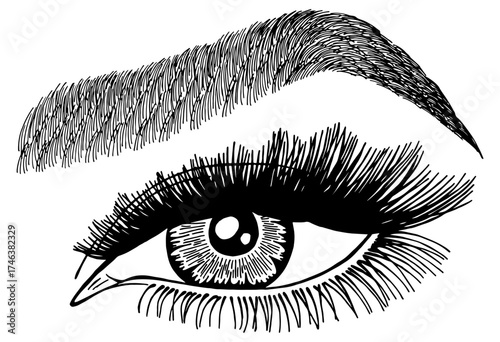 Illustration with woman's eye, eyelashes and eyebrow. Makeup Look. Tattoo design. Logo for brow bar or lash salon.