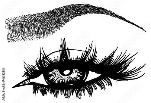 Illustration with woman's eye, eyelashes and eyebrow. Makeup Look. Tattoo design. Logo for brow bar or lash salon.