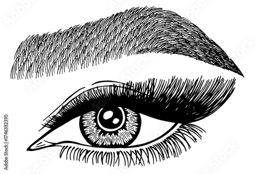 Illustration with woman's eye, eyelashes and eyebrow. Makeup Look. Tattoo design. Logo for brow bar or lash salon.