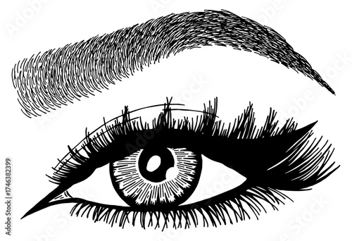 Illustration with woman's eye, eyelashes and eyebrow. Makeup Look. Tattoo design. Logo for brow bar or lash salon.