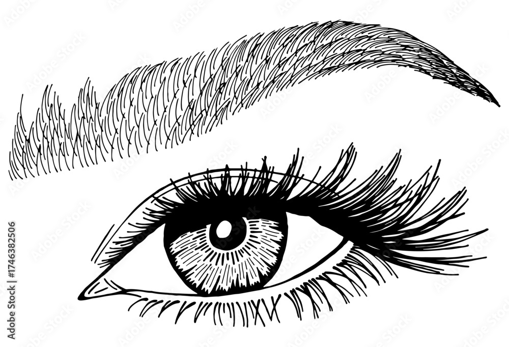 Fototapeta premium Illustration with woman's eye, eyelashes and eyebrow. Makeup Look. Tattoo design. Logo for brow bar or lash salon.