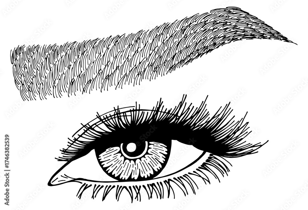 Obraz premium Illustration with woman's eye, eyelashes and eyebrow. Makeup Look. Tattoo design. Logo for brow bar or lash salon.