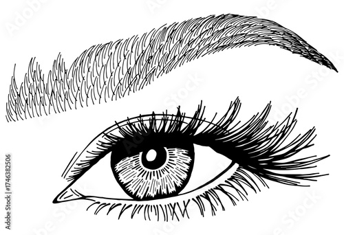 Illustration with woman's eye, eyelashes and eyebrow. Makeup Look. Tattoo design. Logo for brow bar or lash salon.
