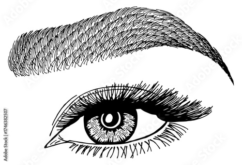 Illustration with woman's eye, eyelashes and eyebrow. Makeup Look. Tattoo design. Logo for brow bar or lash salon.