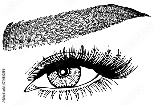 Illustration with woman's eye, eyelashes and eyebrow. Makeup Look. Tattoo design. Logo for brow bar or lash salon.