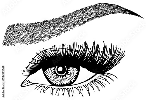 Illustration with woman's eye, eyelashes and eyebrow. Makeup Look. Tattoo design. Logo for brow bar or lash salon.
