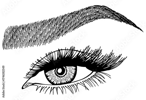 Illustration with woman's eye, eyelashes and eyebrow. Makeup Look. Tattoo design. Logo for brow bar or lash salon.