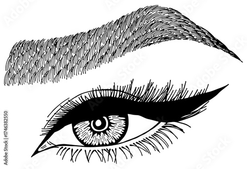 Illustration with woman's eye, eyelashes and eyebrow. Makeup Look. Tattoo design. Logo for brow bar or lash salon.