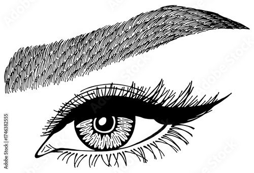 Illustration with woman's eye, eyelashes and eyebrow. Makeup Look. Tattoo design. Logo for brow bar or lash salon.