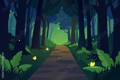 magical forest path glowing fireflies illustration