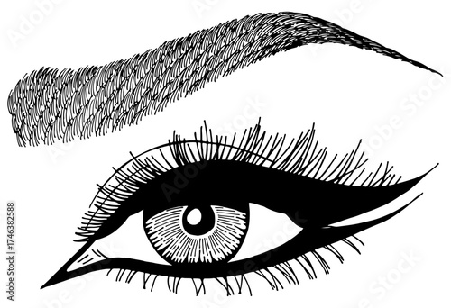 Illustration with woman's eye, eyelashes and eyebrow. Makeup Look. Tattoo design. Logo for brow bar or lash salon.