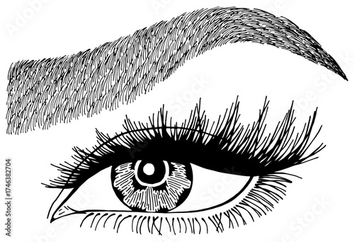 Illustration with woman's eye, eyelashes and eyebrow. Makeup Look. Tattoo design. Logo for brow bar or lash salon.