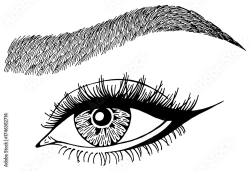 Illustration with woman's eye, eyelashes and eyebrow. Makeup Look. Tattoo design. Logo for brow bar or lash salon.
