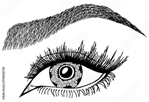 Illustration with woman's eye, eyelashes and eyebrow. Makeup Look. Tattoo design. Logo for brow bar or lash salon.