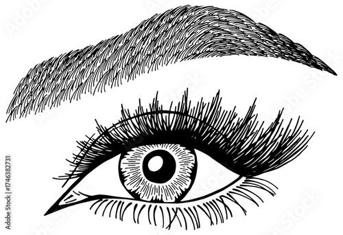 Illustration with woman's eye, eyelashes and eyebrow. Makeup Look. Tattoo design. Logo for brow bar or lash salon.