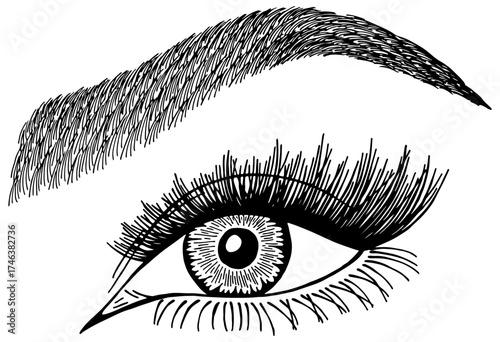 Illustration with woman's eye, eyelashes and eyebrow. Makeup Look. Tattoo design. Logo for brow bar or lash salon.
