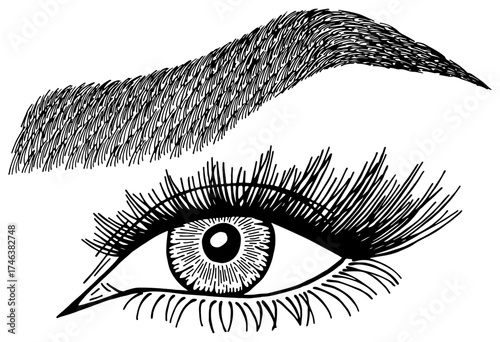 Illustration with woman's eye, eyelashes and eyebrow. Makeup Look. Tattoo design. Logo for brow bar or lash salon.